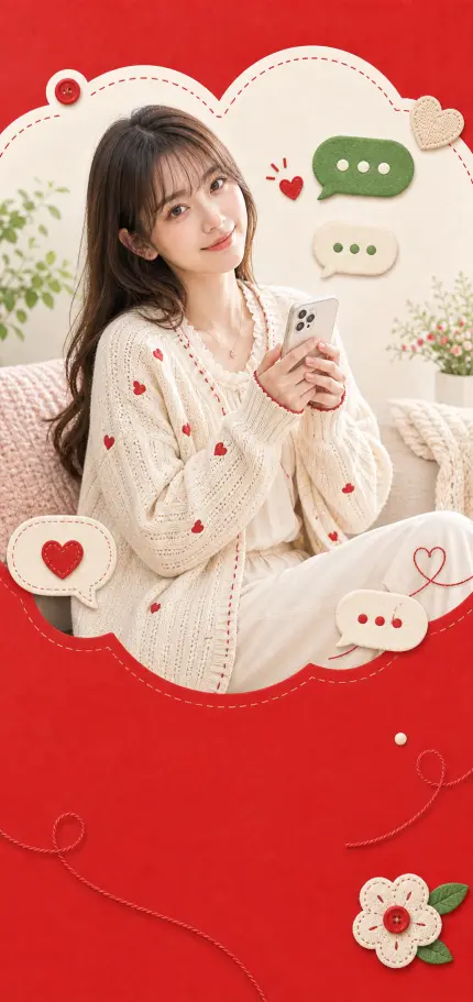 赤い手芸風の背景にレイさんがいるイメージ